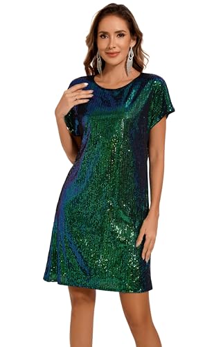 Image of Women's Crewneck Sequin Shift Dress Short Sleeve Casual Holiday Sparkly Party Dress