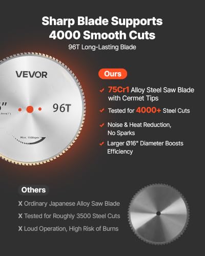 Image of VEVOR Chop Saw 16-inch Cold Cut Blade 3000 W Powerful Motor Cut Off Saw | For Cutting Metal, -45 to 45 Adjustable Angle, Efficient Dry Cutting, Stable, with Thickened Blade Guard and Scale Ruler
