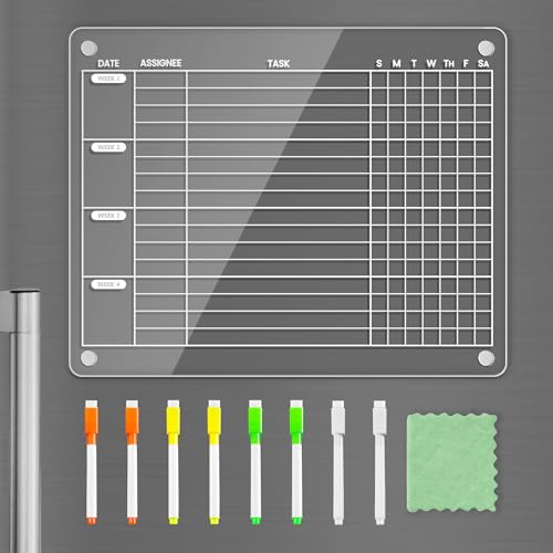 PigPotParty Acrylic Magnetic Monthly Chore Chart for Multiple Kids Roommates – 12'x9.5' Rotating Weekly Task Board for Kids Students Families, Clear Dry Erase Fridge Chart, w/ 8 Markers & 1 Towel