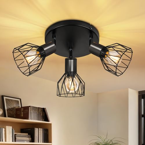 Dehobo Lampara Techo con 3 Focos Base E14 Retro   Lamparas de Techo Salon Ajustables y Giratorios   Negro Foco de Techo Lampara Techo Industrial,para Interiores Dormitorio Cocina, Sin Bombillas