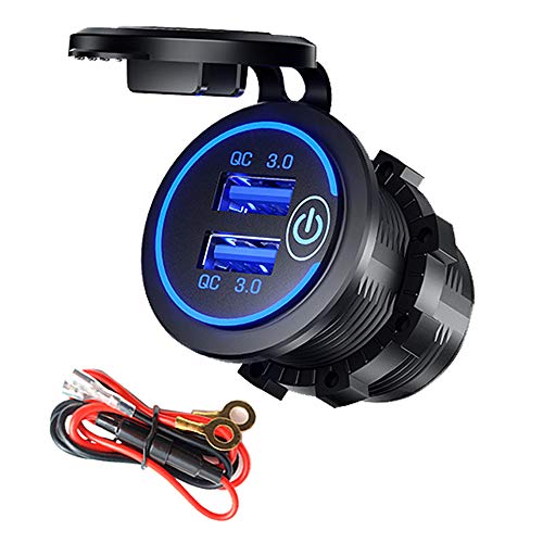 Quick Charge 3.0 USB Car Charger with Switch, Waterproof Dual USB QC 3.0 Fast Charger Socket 36W/12V Power Outlet for Marine Boat Rv Motorcycle Truck Golf Cart (Blue)