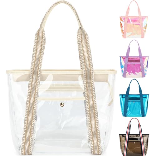 Fammart Clear Bag for Stadium Events 12x6x12 Jelly Tote Bag for Women with Zipper for Beach Sports Concerts Work Jacquard Handles - Beige