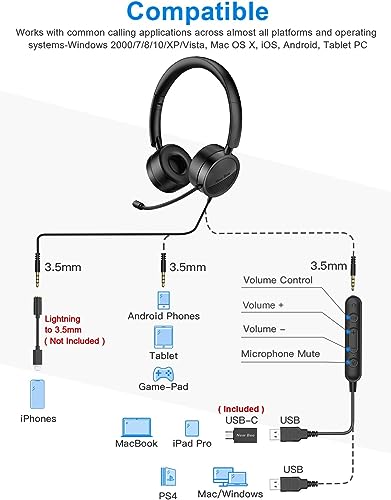 Image of New bee USB Headset with Mic for PC, On-Ear Computer Laptop Headphones with Noise Cancelling Microphone & USB-C Adapter for Home Office Online Class Skype Zoom (Black)