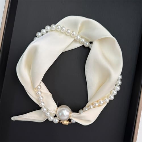 Women’s Silk Scarf Necklace with Charm Buckle Polka Dots Pearl Elegant Collarbone Chain Floral Print2