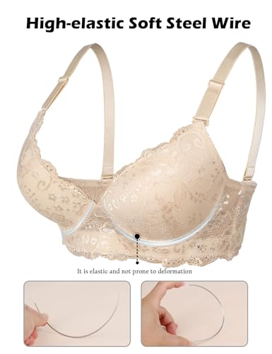 comeondear Push Up Bra for Women, Underwired, Padded, Lace, Balconette, Wide Back, Full Coverage, Minimiser, Breathe Soft, Beige, 36B - Image 3