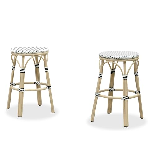 Image of PURPLE LEAF Outdoor French Round Bar Stool Set of 2 Backless 30 inch Oversized Handwoven Rattan Barstools with White Print Aluminum Frame for Bistro Kitchen Island Yard Pool White and Black