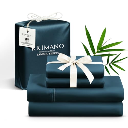 KRIMANO King Size Sheet Set, Viscose Bamboo Sheets for Bed Set 4pcs, 100% Viscose Derived from Bamboo, Hotel Luxury Silky & Cooling for Hot Sleepers, Deep Pocket Up to 17', Navy Blue