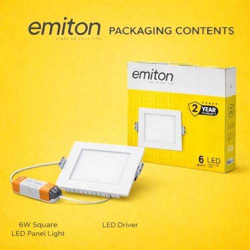 Image of EMITON LED Slim Panel Light | 6W Square Ceiling Panel Lamp | Natural White 4000K | 450Lm LED Output | Aluminium Body | Indoor False Ceiling Light for Home Office Kitchen Bathroom | White