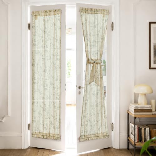 Image of jinchan Green Linen Floral French Door Curtains 72 Inch Rod Pocket 2 Panels | Light filtering, tiebacks included, cottage farmhouse, privacy full length door panels, patio door, sliding glass door