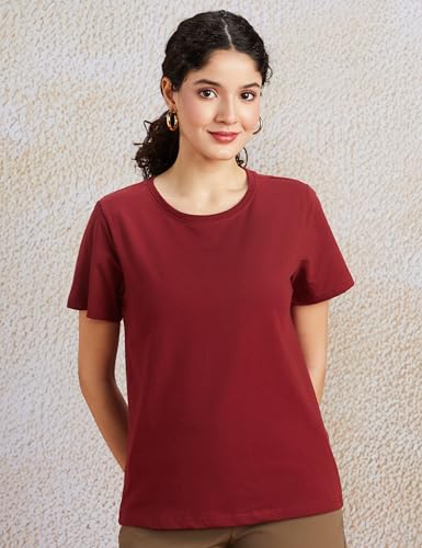 Image of Amazon Brand - Symbol Women Cotton Stretch Regular Fit Round Neck Half Sleeve T-Shirt (Available in Plus Sizes)