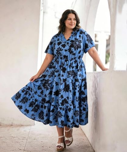 Image of TIYOMI Women Plus Size Dress Boho V Neck Short Sleeve Beach Maxi Dresses Floral /Stripe /Leaves /Lemon XL-5XL