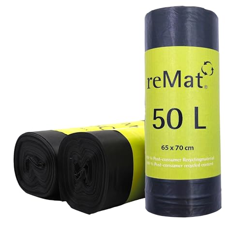reMat Sacchetti Spazzatura 50l, in Materiale Riciclato al 100% (PCR), 45 Sacchetti, Inodori, Ideali per la Raccolta dei Rifiuti Residui o dei Materiali Riciclabili