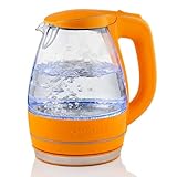 OVENTE Electric Kettle, 1.5L Borosilicate Glass Countertop Water Heater and Boiler for Coffee or Tea, BPA-Free, Auto Shut-Off, Boil-Dry Protection, Removable and Washable Spout Filter, Orange KG83O