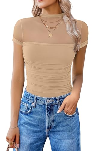 Image of Avidlove Women's Short Sleeve Bodysuit Turtle Neck Body Suits Mesh One Piece Leotard Going Out Tops Date Outfits