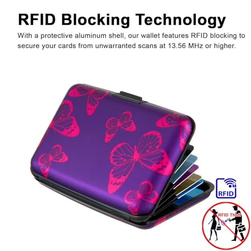 Image of Credit Card Holder, Metal Card Wallet RFID Blocking Mini Slim Aluminum Business Hard Card Case for Women Men (Purple Butterfly)