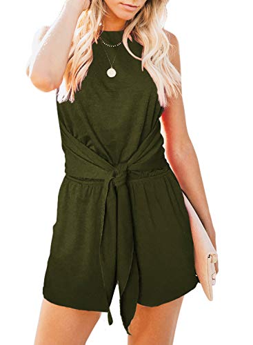 ZESICA Women's Summer Sleeveless Halter Neck Solid Color Knot Front Short Jumpsuit Romper