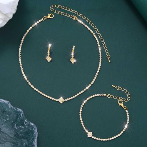 Aukmla Rhinestones Bridal Wedding Jewelry Sets Sparkly Necklace Earrings Bracelet Set Prom Formal Jewelry for Brides and Women3