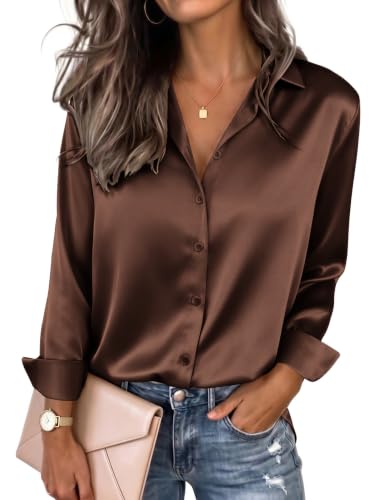 HOTOUCH Satin Button Down Shirts for Women Silk Blouse Chocolate Brown M