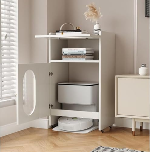 Robot Vacuum Storage Cabinet with Tempered Glass Door, Mobile Sweeping Robot Organizer Rack for Living Room, Office, Kitchen - Modern White, 50x40x92cm