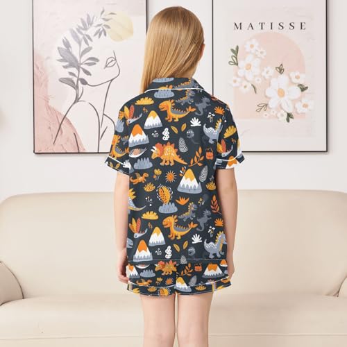 ALAZA Cute Dinosaur Mountain Satin Pajamas Set Short Sleeve Button Down Sleepwear Summer Pjs 2 Piece4