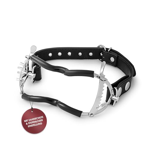 Mundspreizer für Sex aus Stahl mit Zahnschutz und verstellbarem Nackenriemen stufenweise einstellbar per Ratschenmechanismus max. 5 cm Öffnung Bondage BDSM Zubehör für Paare (MS2)