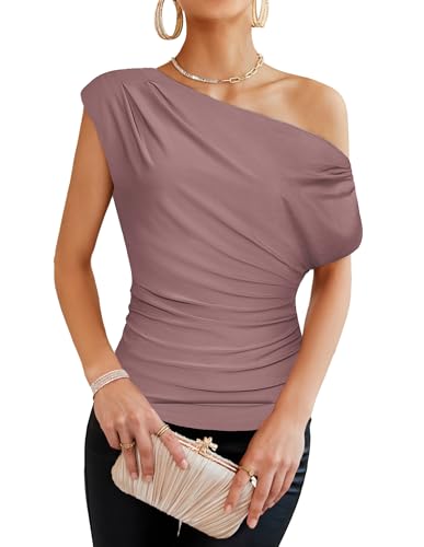 Image of GRACE KARIN One Shoulder Summer Tops for Women Ruched Batwing Asymmetrical Tops Dressy Casual Party Shirts