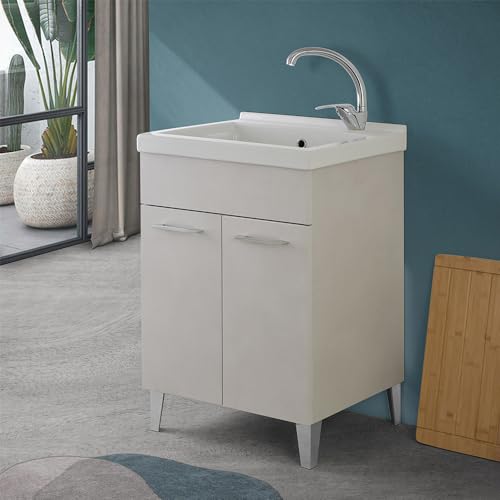 Inbagno Mobile lavanderia 60x50 cm grigio calce con 2 ante, lavatoio in ceramica con piletta e sifone incluso, MOON