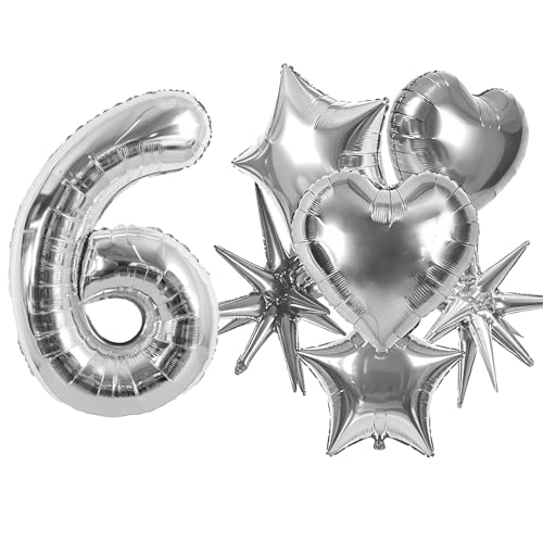 Image of TONIFUL 6th Birthday Balloons Kit 40Inch Silver Large Number 6 Foil Balloon | with 18Inch Helium Mylar Heart Star Balloons for Kids Women Men Birthday Anniversary Graduation New Year Eve Party Decoration