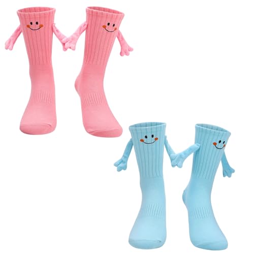 scenicamp 2 Pairs Magnetic Holding Hands Socks - Funny 3D Hand in Hands Socks with Smile Face Cute Couples Novelty Gifts for Men Women Teens Friends