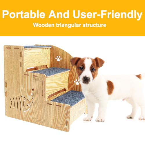 Haustiertreppe,Treppe 3 Stufen,Katzentreppe aus natürlichem Holz,35cm Tiertreppe,Stabil und rutschfest,Katzentreppe Hunderampe für kleine,mittelgroße und große Hunde