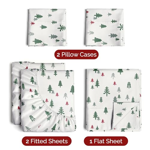 Split King Christmas Trees Sheet Set - Holiday Xmas Pattern Bedding Set - Deep Pockets - Snug Fit - 5 Piece - Wrinkle Free - Cozy & Cooling Festive Winter - Holiday Sheets for Women, Men, Kids & Teens