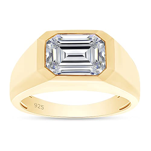 SAVEARTH DIAMONDS 2 1/4 Carat 9x7MM Emerald Cut Lab Created Moissanite Diamond Signet Wedding Band Ring For Men In 14K Yellow Gold Over Sterling Silver (VVS1 Clarity, 2.25 Cttw) Size-6