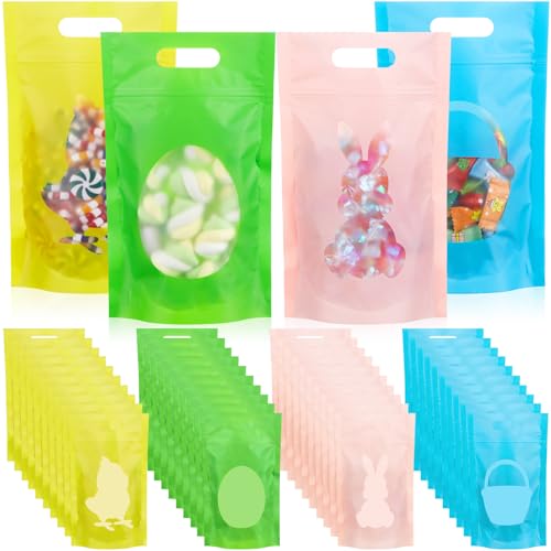 TaoBary 100 bolsas de plástico de Pascua con ventanas, bolsas de sellado resellables con asa, bolsa de regalo de huevo de conejo, bolsa de caramelos de pie para primavera, Pascua, fiesta, suministros