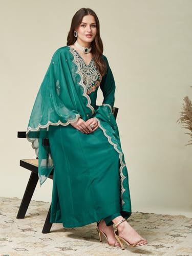 Image of MOKOSH Women's Silk Embroidered Anarkali Kurta Pant & Dupatta | Anarkali Kurta Set |Embroidered | V Neck 3 /4 Sleeve Ethnic Suit |3 Piece Outfit | Floral 3 Colour Options Available