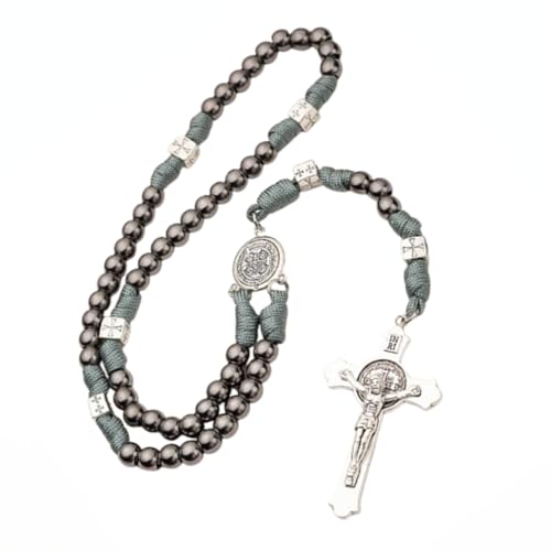 CJSIR Large and Heavy Stainless Steel Beads Rugged Durable Paracord Rosary Necklace for Men with St.Benedict Center and Pardon Crucifix (Gray Color)