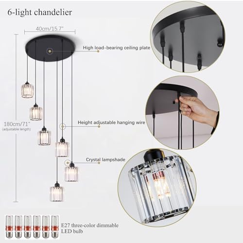 Long-Chandeliers-for-High-CeilingsModern-Crystal-Pendant-LightRaindrop-Drop-LampHanging-Flush-Mount-Lighting-Fixtures-for-Spiral-StaircaseFoyerEntrywayLiving-RoomBlack-6-Lights