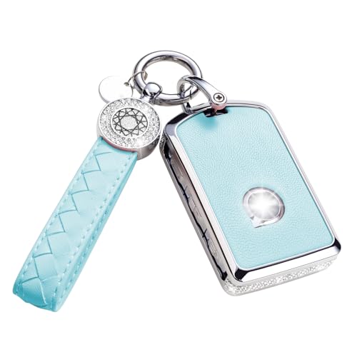 XUPEIXUN for Volvo Key Fob Cover with Keychain Blue Leather Rhinestone Key Case Protection Shell Compatible with XC90 XC60 XC40 S60 S90 V60 V90 Polestar 1 Polestar 2 Bling Car Accessories