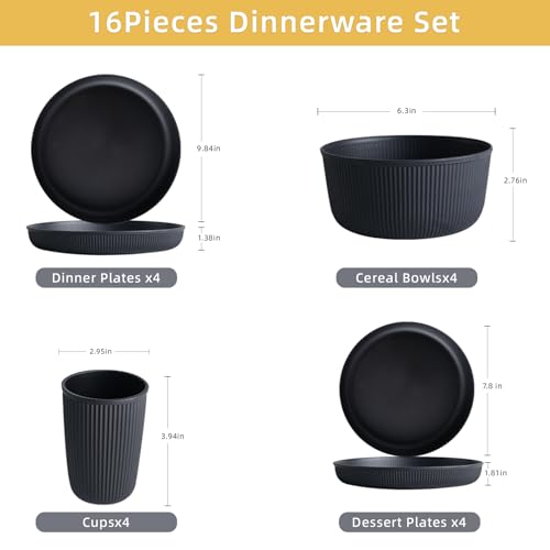 Reusable 16 Pcs Wheat Straw Dinnerware Sets Plastic Plates And Bowls Sets Unbreakable Dinnerware Set Dishes for 4 Microwave Safe Plates Cereal Bowls Tableware For Camping Party - Image 3
