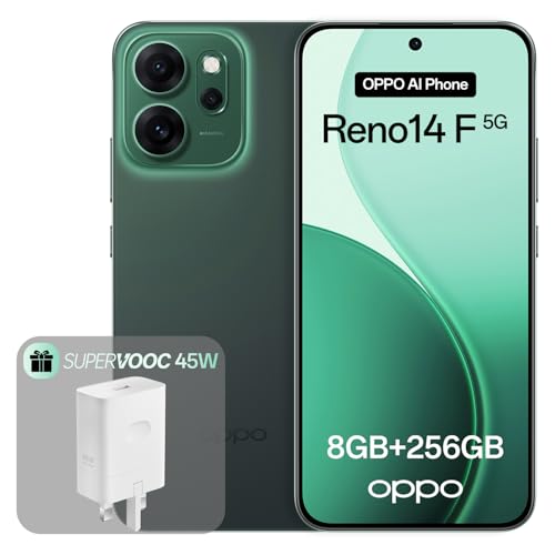OPPO Reno14 F 5G 8+256GB AI Android Unlocked Smartphone 6.57 120Hz AMOLED Display 50+32MP AI Camera 6000mAh Battery IP69 Water Resistance Luminous Green (Include 45W SUPERVOOC Charger)