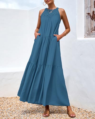 Image of BTFBM Halter Summer Dresses for Women 2026 Casual Spring Hollow Out Sleeveless Boho Sundresses Beach Vacation Maxi Dress