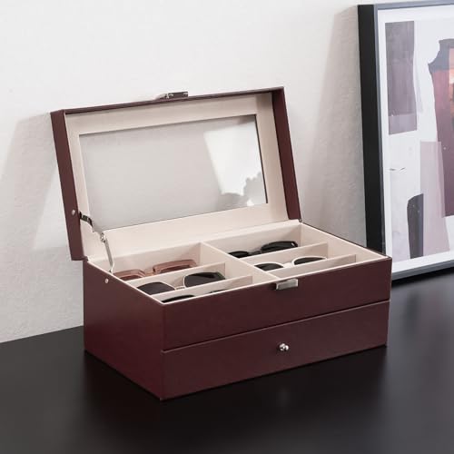 Image of ProCase 12 Slots Sunglasses Organizer, 2 Layer Sunglass Case, Leather Eyeglass Cases for Display and Storage -Brown