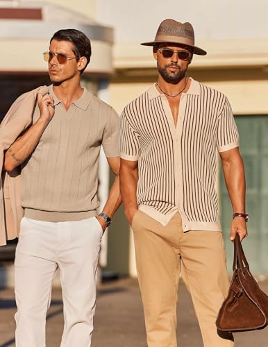 Image of COOFANDY Mens Knit Button Down Shirts Short Sleeve Polo Shirt Vintage Striped Casual Shirts