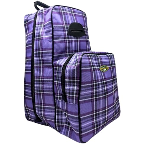 Mochila Hípica Porta Botas e Capacete HDR Xadrez Lilás Nolsa para Equitação com Compartimentos, Resistente e Espaçosa para Hipismo Montaria