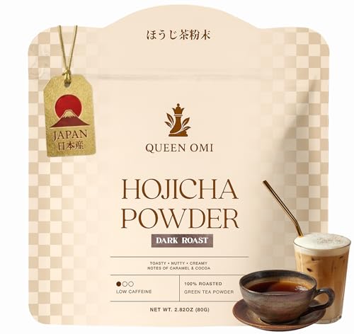 Queen Omi Organic Hojicha Powder | Japanese Roasted Green Tea Latte Powder | Kyoto Uji Japan | Low Caffeine Stone-Milled Dark Roast | Matcha & Coffee Alternative | 80g