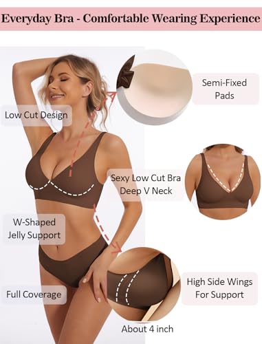 Image of Deep V Bra Wireless Sexy Push Up Bralette Padded Seamless Jelly Bra | Low Cut Plunge V-Neck, Wide Straps, Back Smoothing, Bras for Women No Underwire, Soft Comfortable Bralettes
