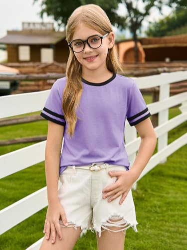 Image of Haloumoning Girls Short Sleeve T Shirts Kids Summer Crewneck Color Block Tops Fashion Tees 5-14 Years