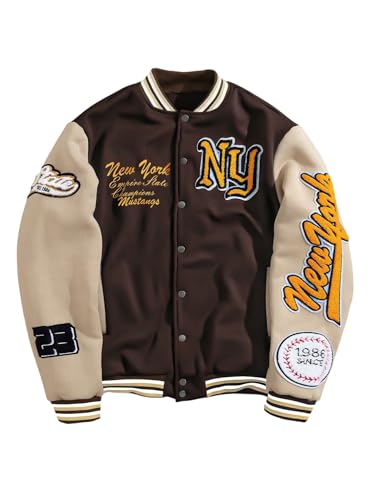 SOLY HUX Men's Letter Graphic Varsity Jacket Long Sleeve Button Up