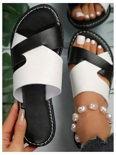 Image of Verdusa Women's Color Block Flat Leather Sandals Open Toe Vacation Slip on Slides