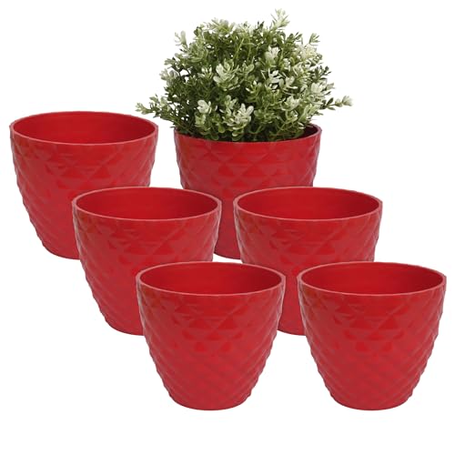 Kuber Industries Flower Pot | Flower Planter Pots for Indoor | Flower Pots for Outdoor | Flower Plants Pot | Diamond Flower Pot | 6 Inch | Pack of 6 | Red