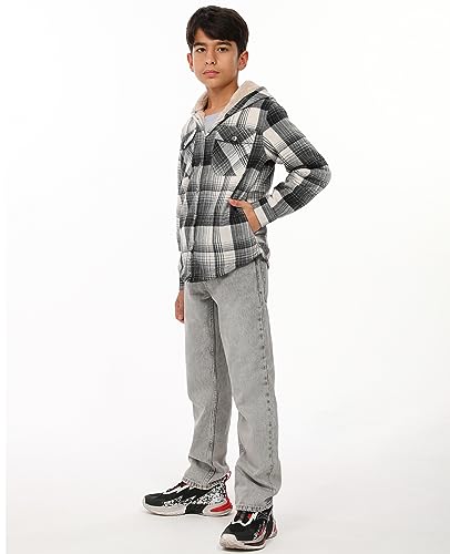 Image of ZENTHACE Boys Sherpa Fleece Lined Flannel Plaid Button Down Shirt Jacket,Hooded Flannel Shirt with Hand Pockets